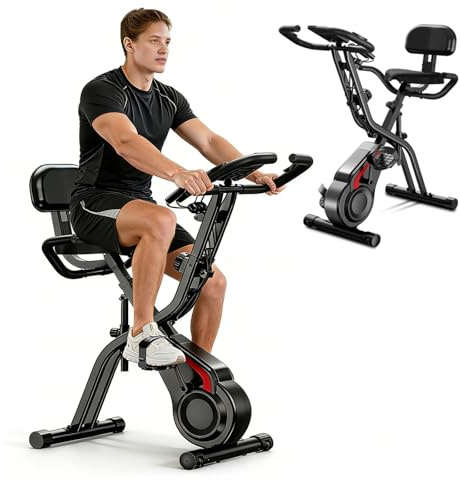 Mengmiao Cyclette Pieghevole 5 in 1 per Casa – Bici Statica con 8 Livelli di Resistenza Magnetica, Display LCD, Bande Elastiche, Sedile con Schienale, 136 kg