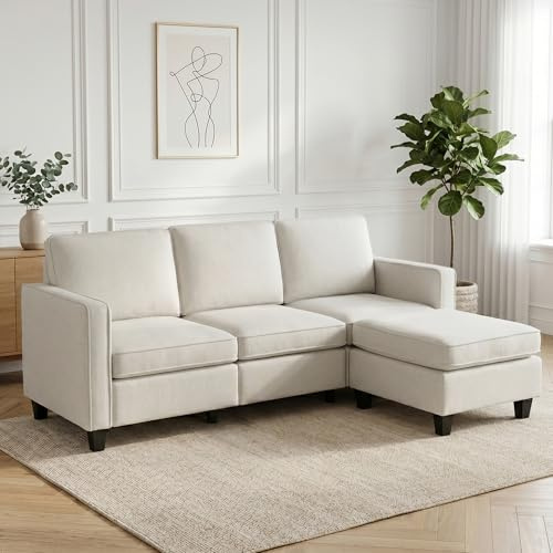 HIPIHOM Sofá de 3 plazas beige con otomano, sofá moderno en forma de L con reposapiés móvil, sofá de esquina cómodo, sofá de salón con acolchado de espuma para salón, dormitorio