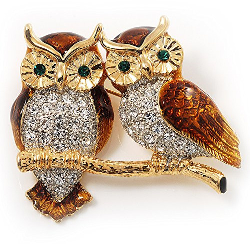 Two Gold Crystal Sitting Owls Brooch - 35mm