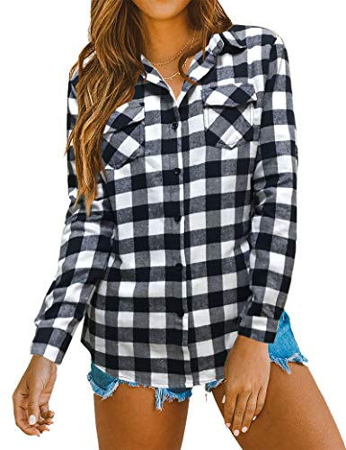 Oyamiki Women's Relaxed Fit Checkered Plaid Roll Up Sleeve Button Down Shirt Navy/M