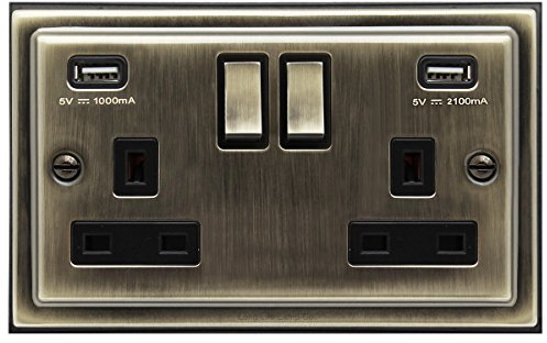 Antique Brass USB Double Wall Plug Socket 2 Gang 13A with 2 USB Charger Port Outlets Socket Plate BE776KME