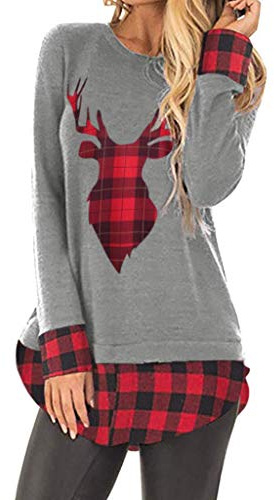 Jul!!! Kvinnor jul toppar damer jul älg mode blus kläder tryck rutigt tryck tröja plus, grau, XXL
