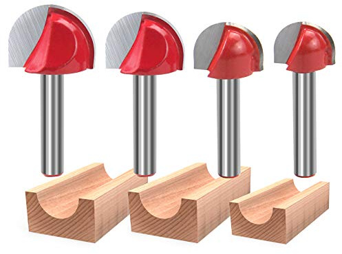 RKURCK Core Box Router Bit, 1/4 Shank Carbide Tipped Double Flute Round Nose Router Bit - 5/8 3/4 7/8 1 Cutting Diameter for Woodworking Milling Cutter 4 Pcs