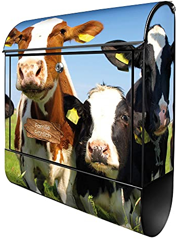 banjado Design Briefkasten personalisiert Kühe 38,5x46,5x13cm & 2 Schlüssel - Briefkasten Stahl schwarz Zeitungsfach pulverbeschichtet - Postkasten A4 Einwurf inkl. Montagematerial