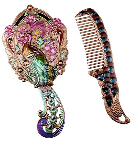 Lurrose Handheld Cosmetic Mirror and Comb Set Vintage Design Portable Makeup Mirror for Travel and Daily Hair Styling Tool