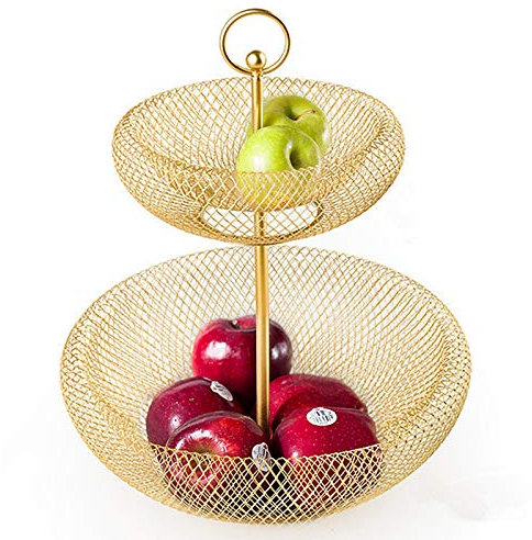 Corbeille A Fruit 2 Etages, Support à Fruits et Légumes, Panier A Fruits A Etages en Métal Décoration Plan de Travail - Coupe de Fruit Design – Noir/Doré,Gold