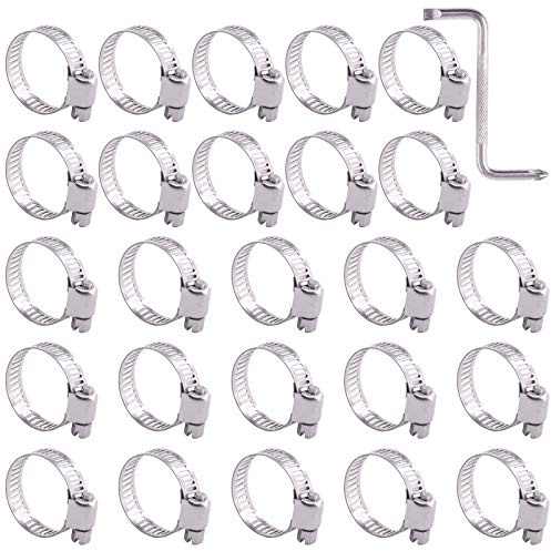 Swpeet Lot de 25 colliers de serrage 16-25 mm 100 % acier inoxydable 304 réglable avec clé de serrage pour tuyau de carburant Parfait pour la plomberie, l'automobile (16-25 mm)