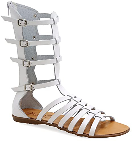 Size 8 White Emmanuela Ancient Greek Style Handmade Leather Gladiator Sandals, Quality Calf High Sandals with Rear Zipper at Shaft, Strappy Summer Flat Shoes for Women