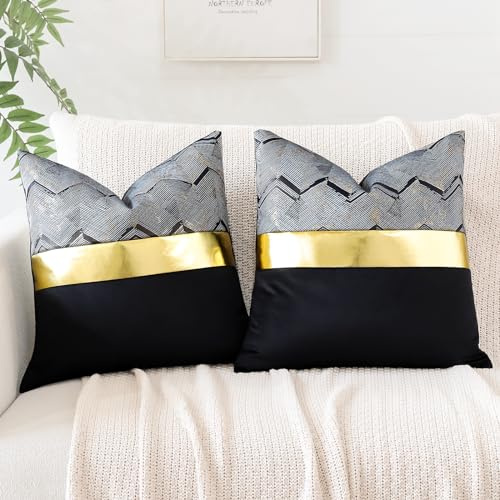 Artscope 2er Set Samt Kissenbezug für Sofa Auto Schlafzimmer Luxuriöser Moderne Minimalist Goldenen Ledernähten Wellenstreifen Dekokissen Kissenhülle Kissen Fall 45x45cm Schwarz