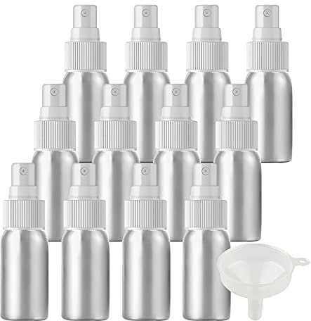 ZEOABSY 12 Piezas Pequeño 30ml Spray de Aluminio Plata Botella de Spray Vacía con Pulverizador Blanco de Niebla Fina Atomizador para Perfume Aromaterapia Agua Líquidos Tamaño de Viaje, Embudo