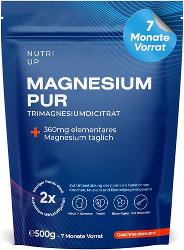 Nutri Up® Magnesium Pur - 500g Pulver (7 Monate Vorrat) reines Trimagnesiumdicitrat ohne Zusätze – Laborgeprüft – Magnesiumcitrat hochdosiert | Made in Germany | Vegan
