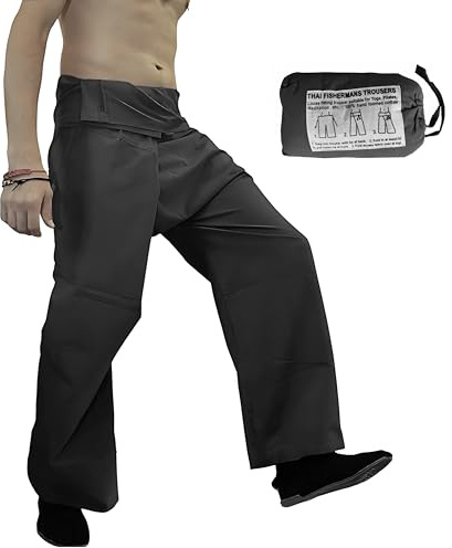 Thai Fisherman Pants,100% Cotton Adjustable Wrap Trousers, Fits S/M/L, Lightweight Yoga Meditation Packed in Cotton Bag – Beach, Travel, Relaxed Fit (Black)