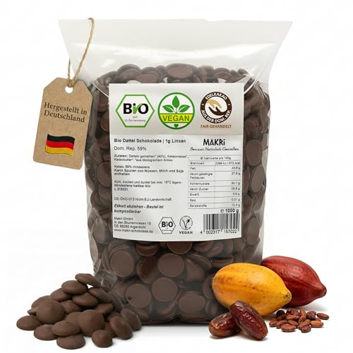 Makri Dattelschokolade Schokodrops mit Datteln gesüßt / 59 Prozent Kakao/Vegan & Bio/Fair gehandelt/ohne raffinierten Zucker / 1 kg Bio-Beutel/Schokodrops Zuckerfrei/Backschokolade