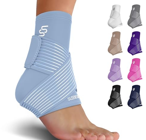 Sleeve Stars Ankle Brace for Women & Men, Ankle Wrap for Sprain, Compression Sleeve for Plantar Fasciitis Relief, Easy Customizable Support: w/Removable Strap (Single/M:10-12/Light Blue)