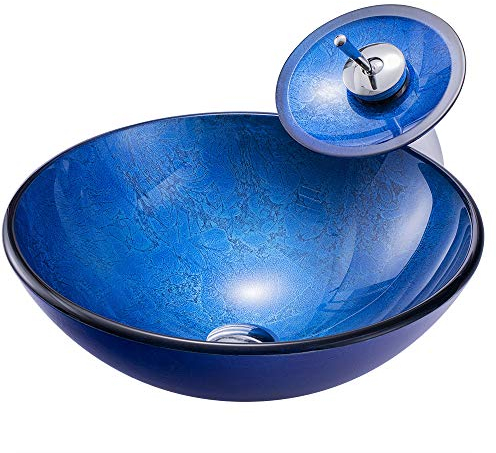 HomeLava Modern Aufsatz Waschbecken Set Rund blau aus Gehärtetes Glas Aufsatzwaschbecken Waschschale mit Wasserfall Wasserhahn