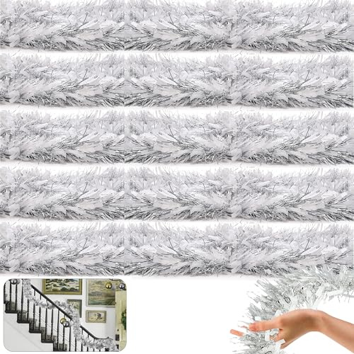 HOVUK® 5 Stück silber/weiße dicke Lametta-Girlanden, insgesamt 10 m, weiße Girlande, Weihnachtsbaumschmuck, dicke und dünne Lametta für Weihnachtsfeier und Heimdekoration