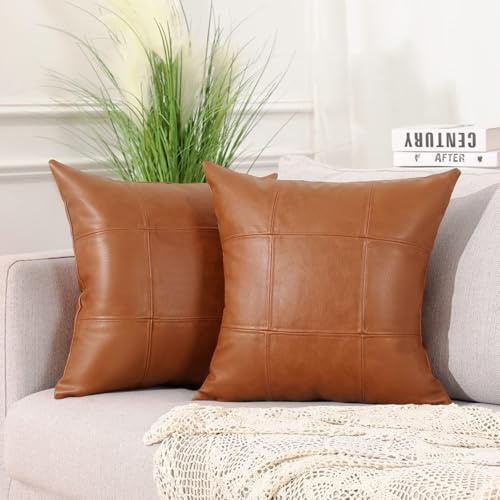 Mandioo 2er Set Classic Plaid Kunstleder dekorative Wurf Kissenbezüge 60x60 cm, Hand genähte Moderne Luxus Outdoor Dekokissen Kissenbezug Couchkissen Kissenhülle für Couch Schlafsofa Braun