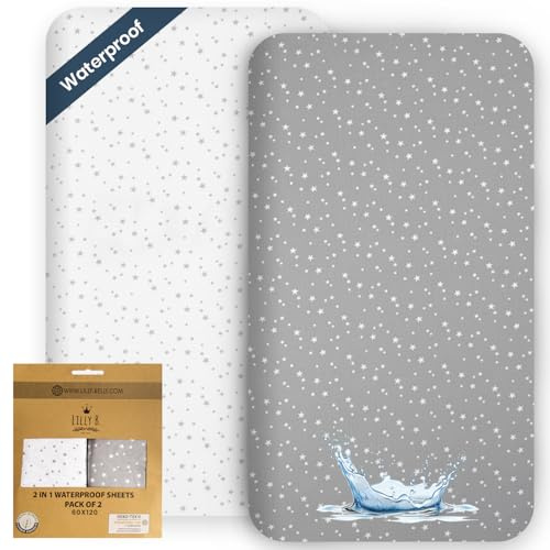 Spannbettlaken 60x120 Baby, Bio-Baumwolle GOTS 2in1-Pack mit 2 Wasserdichten Bettlaken, Verwendet anstelle von Matratzenschoner für Kinderbetten, kompatibel mit Allen Beistellbetten