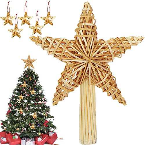 Etoile Sapin de Noël, Decoration Sapin Noel Étoile Sapin, Noël Arbre Topper, Etoile Sapin De Noëll,Pentagramme Noël en Paille Naturel, Sapin Decoration avec 5pcs Petite Etoile Ornements Paille