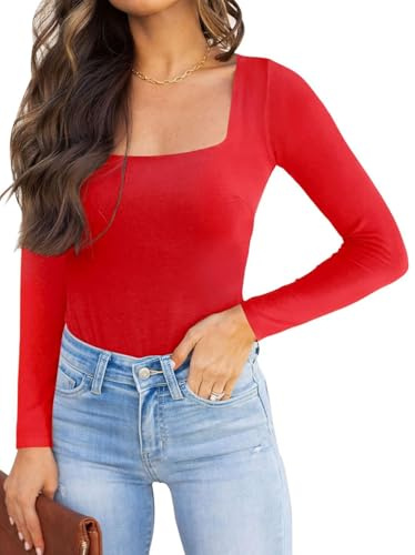 REORIA Damen langarm Bodysuit Sexy eckiger Ausschnitt doppelt gefüttert Overalls Rot XL