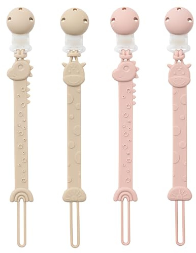 YIVEKO Pacifier Clips for Baby Boys Girls, One-Piece Silicone Pacifier Holder Strap 4 Pack, Binky Paci Clips Animal Rainbow Design, Lightweight Break-Resistant, Dishwasher Safe-Ivory+Blush