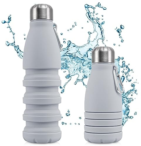 Perfekto24 Faltbare Trinkflasche - BPA-frei, Auslaufsicher - Hochwertiges Silikon - Ideales Festival Zubehör und praktischer Outdoor-Begleiter mit Karabiner (Grau)