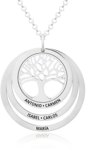 Collar Árbol de la Vida en Plata de Ley 925 personalizable, con cadena Rolo de 45cm + Alargador. Un regalo perfecto para regalar a madres o abuelas. (Collar Árbol de la Vida 2 Aros)