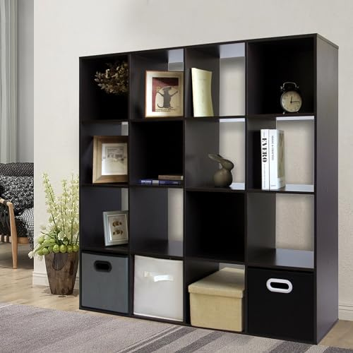 PACHIRA 16 Cube Wood Bookcase Dark Brown, 4 * 4 Stackable Cube Storage Unit Freestanding Bookshelf Storage Shelf For Books CDs Clothes Storage Cube Unit For Living Room Bedroom Hallway Office