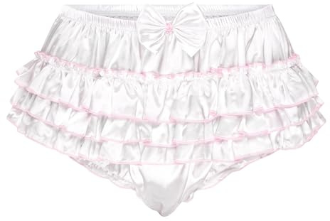 Satini Sissy Satin Ruffled Skirted Panties, White, M