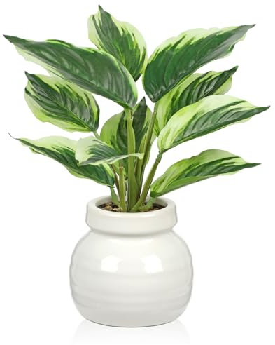 Arborus Artificial Hosta Plants Indoor in Ceramic Pot 11 Small Artificial Plants Fake Tropical Potted Plant Faux Desk Plant for Living Room Office Bathroom Home Decoration