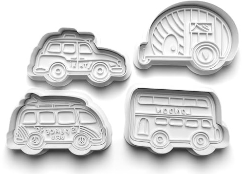 Set di 4 formine per biscotti a forma di veicoli a forma di autobus londinese e furgone, stampi per biscotti, pasta di zucchero, per bambini, fai da te