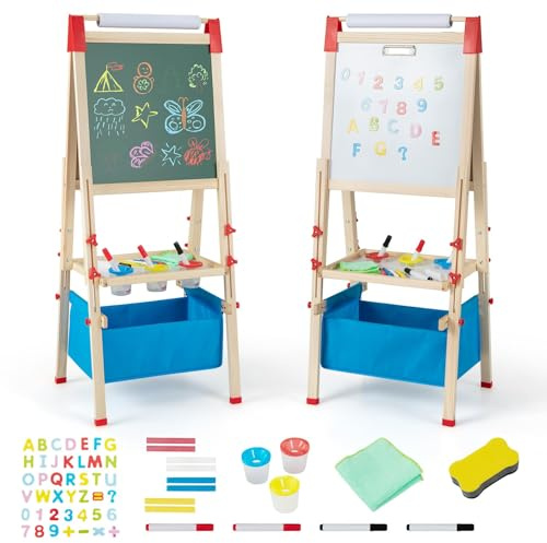 DREAMADE 3-in-1 Staffelei für Kinder (Natur) | doppelseitige Kinder Staffelei aus Holz mit magnetischer Tafel & Whiteboard, Papierrolle & Malzubehör, Kleinkind höhenverstel