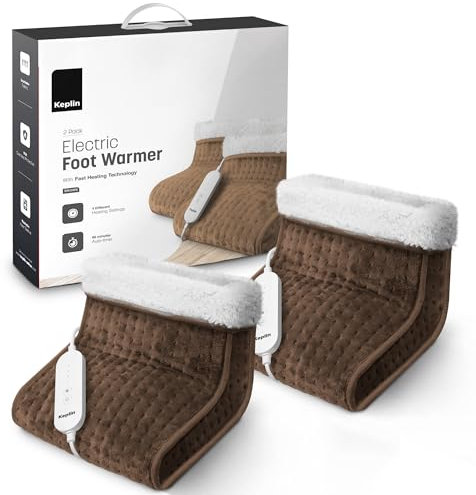 KEPLIN Electric Foot Warmer - 9 Adjustable Temperature Settings, 90-Min Auto Shut-Off Timer, Overheat & Overcurrent Protection, Soft Fleece Lining, Washable Inner Sleeves (32x28x26cm) (Brown, 2 Pack)