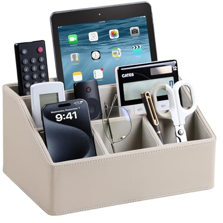 MEIBOOCH Schreibtisch-Organizer aus PU-Leder, Fernbedienungshalter, Dunkelbeige | Luxuriöser Nachttisch-Organizer für Zuhause, Büro-Schreibtischzubehör, Nachttisch-Caddy mit 5 Fächern, Samtfutter