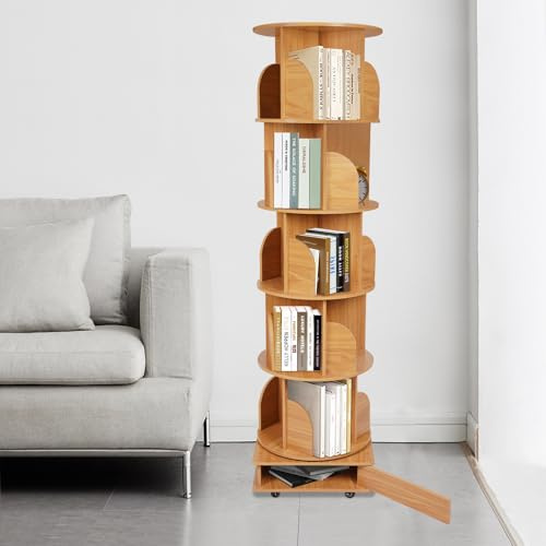 Lilyeriy Lagerregal, Drehbares Bücherregal, Standregal 360° Frei Drehbares, Bücherschrank Wohnzimmer Schlafzimmer, 4/5 Schicht Bücher Regal, mit Schublade und Rollen (Log Color-5 Etage)