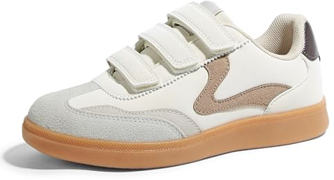 LUCKY STEP Women's Casual Fashion Retro Sneakers Classic Gum Sole Hook and Loop Tennis Footwear Anti Slip Skate Trainers Trendy Walking Shoes (Beige/Grey,10 B(M) US)