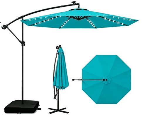 COSTWAY Ombrellone da Giardino 300 cm, 40 Luci LED Solari, Anti-UV, Inclinazione Regolabile, Manovella, 2 Sacchi di Sabbia, 8 Stecche per Esterno Piscina Patio (Turchese)