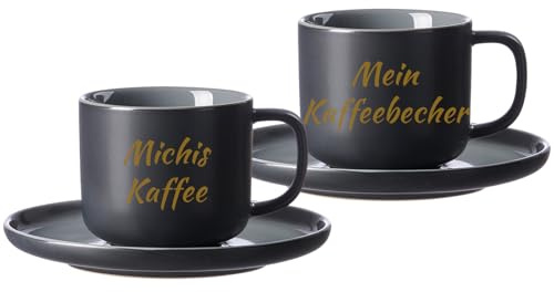 LUXENTU Kaffeebecher mit Gravur & Untertasse, Schwarz, 200 ml, 2 Stück | Personalisiertes Becher-Set aus Steinzeug mit matter Außenfläche zum Geburtstag & Wichteln für Kaffeeliebhaber