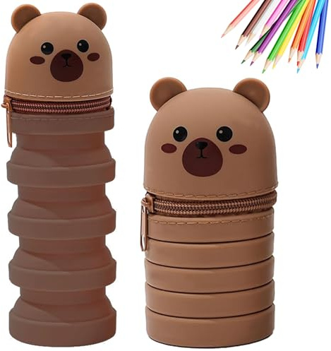 MPXEAVG 2 in 1 Weiche Silikontasche Kawaii Federmäppchen, Stand Up Federmäppchen, Niedliche Schulbedarf, Klappeimer (Tragen)