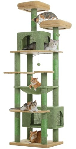 PAWZ Kraftigt kattträd för stora katter, 205 cm högt katttorn med 2 pinnar, 2 lägenheter och rymlig hängmatta, stor lägenhet med 7 klösstolpar för 20 kg + vuxna katter, 205 cm grön XL