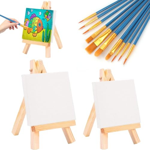 Leinwand Ständer Set, 2 Stück 15 X 20cm Leinwand mit 18 X 24 cm Staffelei Kleine Tischstaffelei Holz mit 10 Pinsel Mini Leinwandtafeln zum Malen Mini Canvas with Easel