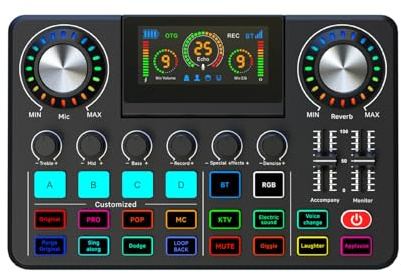 Walmeck Carte Son en Direct, Mixeur Audio de Bureau Stéréo de L'écran 3D, Console Sonore à Hauteur Réglable avec équipement DJ pour le Podcasting en Streaming en Direct (Noir)