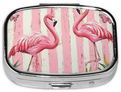 Generic Quadratische Pillendose mit pinkem Flamingo-Druck, 2 Fächer für Geldbörse und Tasche, Mini-Pillenhalter, aus Metall, Reise-Pillenbehälter