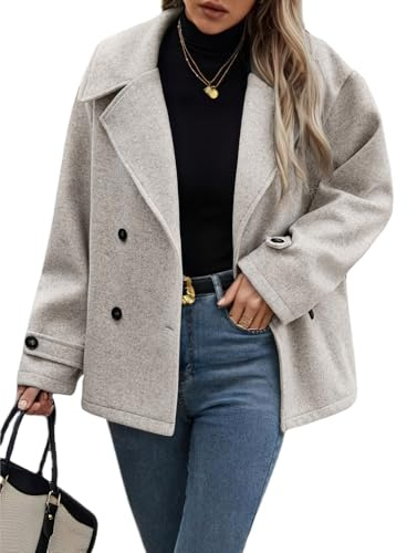 chouyatou Women's Winter Loose Fit Cropped Wool Coat Double Breasted Dressy Short Blazer Jacket Peacoat (Medium,Apricot)