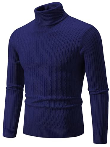 Maglione a collo alto, da uomo, caldo, a maglia fine, a maniche lunghe, comodo, tinta unita, Blu marino, 5XL
