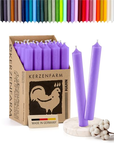 Stabkerzen 10 Stück, 18cm x 2,2cm, Premium Qualität - Deutsche Manufaktur, Kerzenfarm Hahn - lange Brenndauer (8+ Stunden) RAL-Zertifiziert, durchgefärbte Spitzkerzen (Lila)