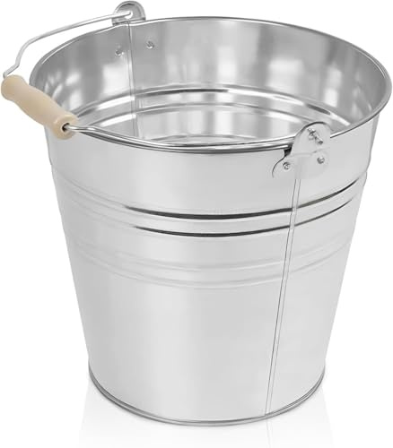 15 Litre Metal Bucket | Strong Heavy Duty Galvanized Rust Resistant Steel Bucket with Wooden Handle for Cleaning, 15L Garden Storage, Hot Ash, Garden Waste, Drink Cooler Buckets for Multipurpose Uses