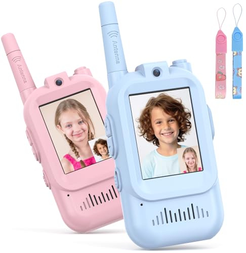 Walkie Talkie Niños Recargable, Walkie-Talkie Niños con Videollamada, LCD Pantalla, Largo Alcance, Regalos de Cumpleaños, Juguetes al Aire Libre para Niños de 3 a 12 Años, Paquete de 2-Rosa+Azul