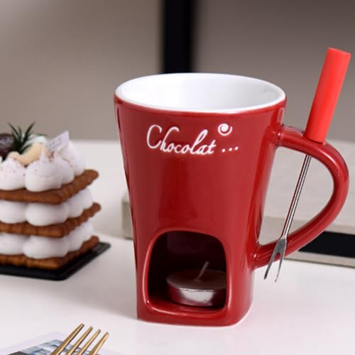 Chokladfonduemugg, med fonduegaffel, 130 ml personlig chokladsmältningskopp keramisk smörvärmare set, för picknick ost choklad smör