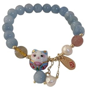 Vauki Bracelet chat porte-bonheur avec jade bleu, perles et cristal - Bracelet Maneki Neko fait à la main pour la prospérité, la richesse - Bracelet élastique chinois pour femme - Motif animal